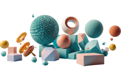 Abstract Geometric Shapes: A playful and vibrant arrangement of geometric shapes in soft, pastel colors, evoking a sense of creativity, innovation, and modern design.  