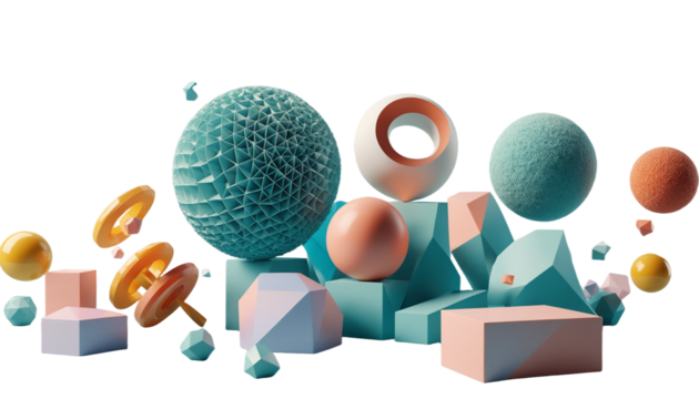 Abstract Geometric Shapes: A playful and vibrant arrangement of geometric shapes in soft, pastel colors, evoking a sense of creativity, innovation, and modern design.  