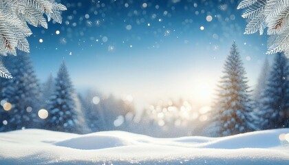 christmas and snow covered landscape background with winter decorations and copy space for text and...