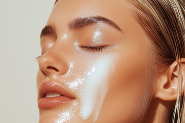 young blonde woman with cream or serum applied to her face