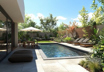 Serene Outdoor Space Featuring Modern Pool, Luxurious Sun Loungers, and Lush Greenery Under Bright Blue Sky for Relaxation and Leisure