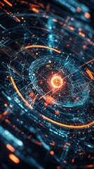 Obraz premium Abstract Digital Visualization of a Central Core with Radiating Light Effects and Energy Connections, Representing Data Flow and Network Dynamics in Technology