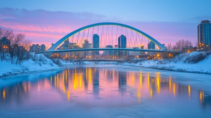 Naklejka premium A Modern Arch Bridge Over A River During Sunset With Reflections