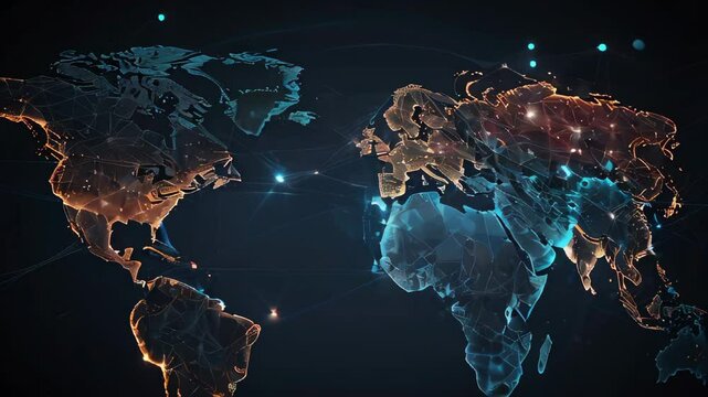 World map connecting global network points with light streaks