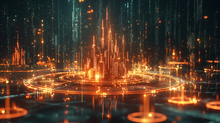 Obraz premium digital city model glows with orange light surrounded by data streams and concentric circles illustrating a futuristic smart city concept The scene is dark emphasizing the glowing city