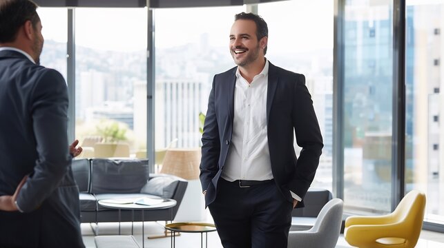 Smiling businessman standing confidently modern office discussing strategic plan corporate executive setting reflects success ambition sleek furniture city skyline background symbolizing corporate
