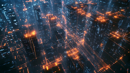 Obraz premium A futuristic city from above with glowing orange streets and illuminated skyscrapers under a shimmering blue sky