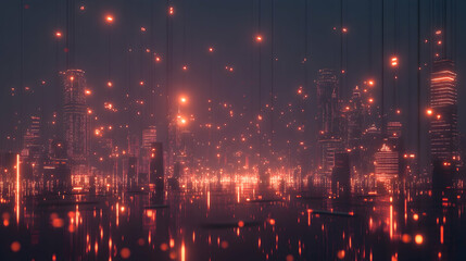 Fototapeta premium A dark city skyline illuminated with soft orange lights, creating a warm and glowing atmosphere in the night.