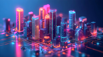 Obraz premium A neon-drenched city skyline with glowing skyscrapers in shades of pink, purple, and blue under a night sky.