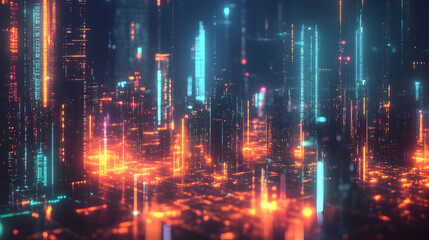A futuristic cityscape illuminated by vibrant blue and orange neon lights with high-rise buildings shrouded in a glowing haze.