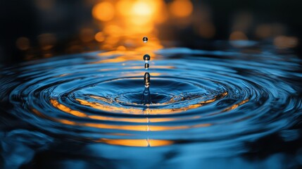 Close-up View of Water Droplet Creating Ripples in Calm Surface with Warm Orange and Soft Blue Background During Sunrise or Sunset