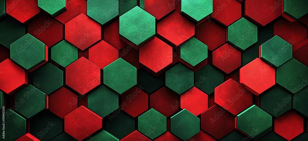 Poster Colorful hexagonal patterns in red and green create a vibrant abstract design on a dark background