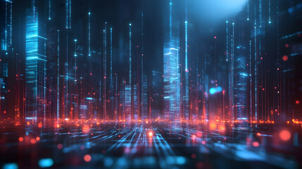 A glowing futuristic city grid with blue and orange light trails symbolizing rapid digital communication and data flow.