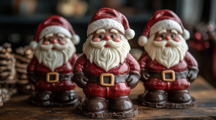 Three charming chocolate Santa figurines, each with unique details, stand on a wooden surface, creating a festive holiday scene.
