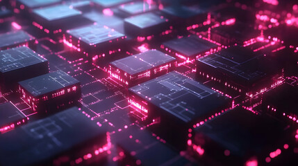 Obraz premium A glowing grid of pink and black cubes arranged in a futuristic structure, representing advanced technology and digital data.