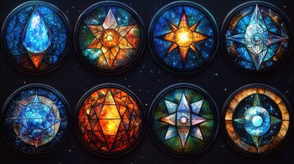 Eight circular stained-glass windows, each depicting a unique celestial design in vibrant hues of blue, orange, and green against a dark background. 