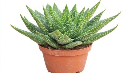 Lush Green Aloe Vera Plant in Brown Terracotta Pot with Spiky Leaves, Ornamenting Indoor Space and Promoting Health Benefits through Natural Remedies