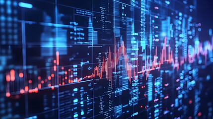 A vibrant display of glowing blue and red data points and graphs, representing futuristic data visualization.