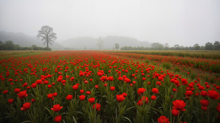 Scenic view of a red poppy meadow stretching into the mist