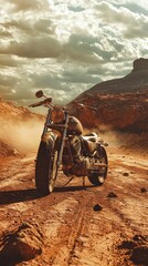 A Rugged Motorcycle Paused on a Dusty Trail Amidst Dramatic Cloudy Skies and Rugged Terrain, Invoking Adventure and Freedom in a Serene Landscape