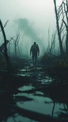 Mysterious Figure Walking Through Foggy Marshland with Dead Trees in Eerie Atmosphere, Capturing the Essence of Isolation and Exploration