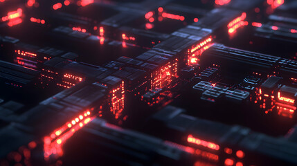 Obraz premium A glowing red circuit board with interconnected paths and illuminated components in a futuristic style.