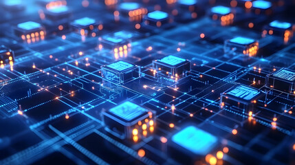 A vibrant futuristic circuit grid with glowing blue and orange nodes connected in a digital layout.