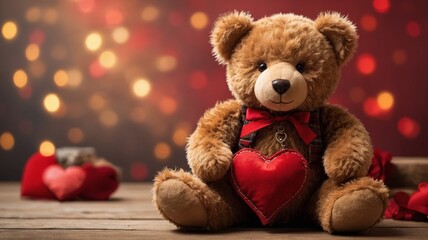 Obraz premium Cute teddy bear holding a heart in a festive setting with warm lights during Valentine season