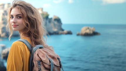 Retro portrait of a woman with a backpack by the sea in Messina, adventurecore style.
