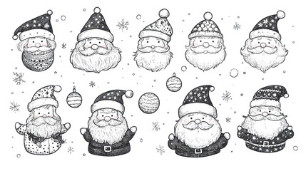 Set of drawn santa claus and winter symbols isolated on white background. Merry Christmas. 