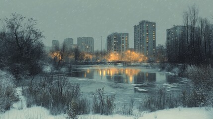 Fototapeta premium Snowy Cityscape with River and Apartment Buildings