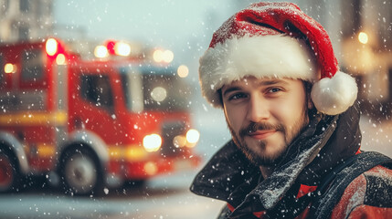 Fireman in Santa Claus hat with fire truck in background on snowy day. Merry Christmas and Happy New Year. Copy space.