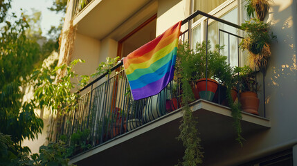Rainbow pride flag hanging on a balcony surrounded by greenery, symbolizing LGBTQ+ support, inclusion, and community in a peaceful urban setting at sunset.