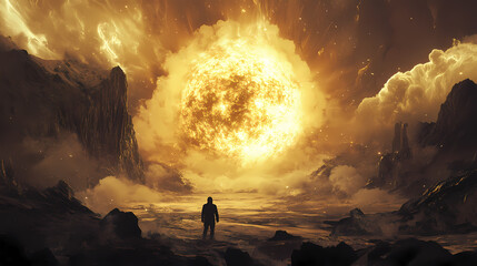 Thermonuclear plasma burst from center in sci fi setting. Plasma. Illustration