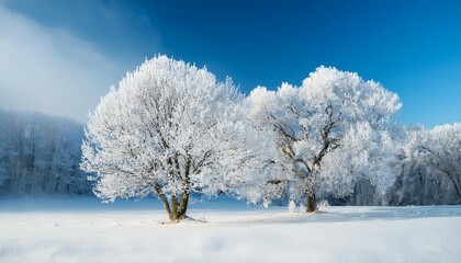 frosty trees on a snowy meadow in a cold winter landscape