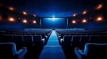 Fototapeta premium Dimly lit cinema awaits the start of an immersive cinematic experience. Generative AI