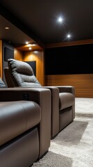 Cozy and Luxurious Home Theater Interior with Comfortable Leather Recliners and Elegant Wooden Accents Perfect for Movie Nights and Entertainment