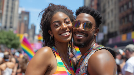 Happy couple embracing at a vibrant pride parade  LGBTQ+, celebrating love and diversity with rainbow flags in the background