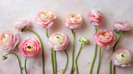 Persian buttercup: Bunch of pale pink ranunculus flowers against a light background. Wallpaper, horizontal photo.