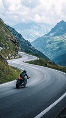 Scenic Motorcycle Journey on Winding Mountain Road with Breathtaking Landscapes and Majestic Peaks in the Background, Perfect for Adventure and Travel Themes