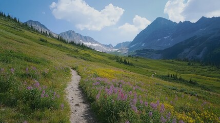 Scenic Mountain Landscape with Vibrant Wildflowers and Clear Blue Sky in a Serene Valley with Gentle Trail Leading into the Majestic Rocky Mountains