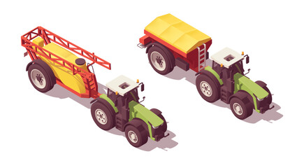 Set of isometric low poly tractors with sprayer and fertilizer spreader. Vector illustrator