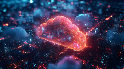 Obraz premium A glowing red cloud symbol surrounded by a swirl of digital blue and pink particles, creating a dynamic and futuristic atmosphere.