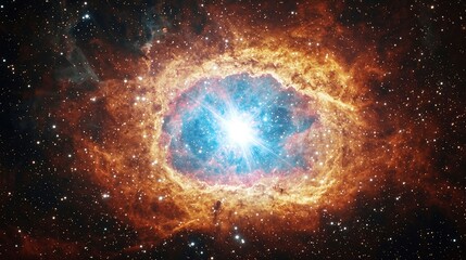 Obraz premium Stunning Cosmic Nebula with Radiant Star at the Center, Surrounded by Vibrant Orange and Blue Gases Shimmering in the Vastness of Outer Space