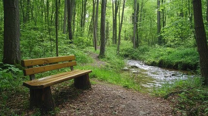 Tranquil Forest Scene Featuring a Wooden Bench Next to a Flowing Stream Surrounded by Lush Greenery and Tall Trees, Perfect for Nature Lovers and Outdoor Enthusiasts