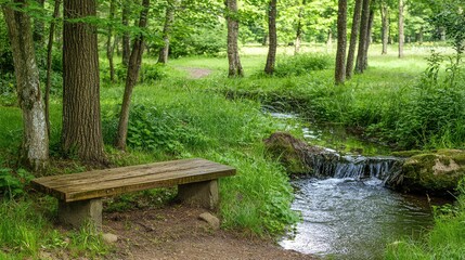 Serene Forest Scene Featuring Wooden Bench Beside Flowing Stream with Lush Green Grass and Vibrant Trees in Tranquil Nature Setting
