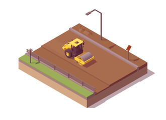 Isometric asphalt paving composition. Low poly yellow roller compacting soil. Vector illustrator