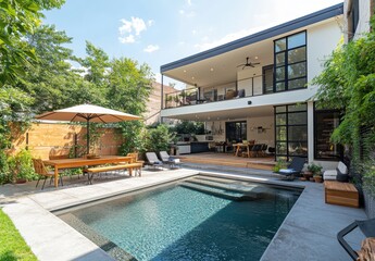 Fototapeta premium Modern Outdoor Space with Pool and Garden in Urban Setting Featuring Contemporary Architecture and Inviting Patio Furniture