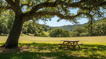 Tranquil Outdoor Picnic Area Under Sprawling Oak Tree Surrounded by Lush Green Grass and Scenic Hills for Relaxing Nature Moments