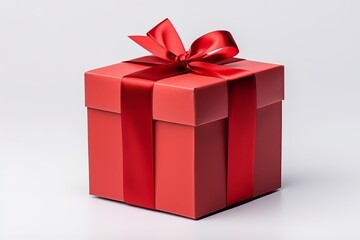 Fototapeta premium Gift box adorned with a shimmering red ribbon on a light background. Generative AI
